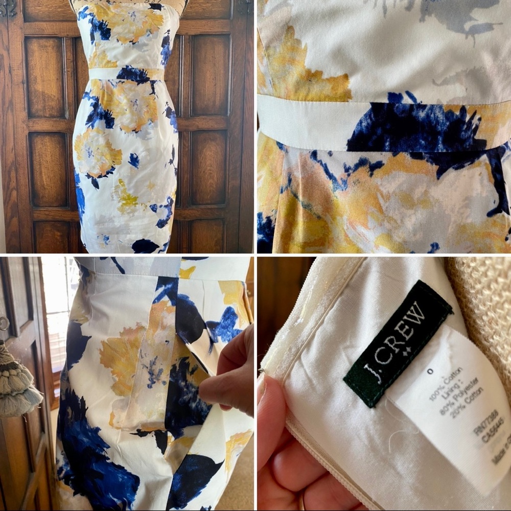 White and blue strapless J. Crew dress with pockets!